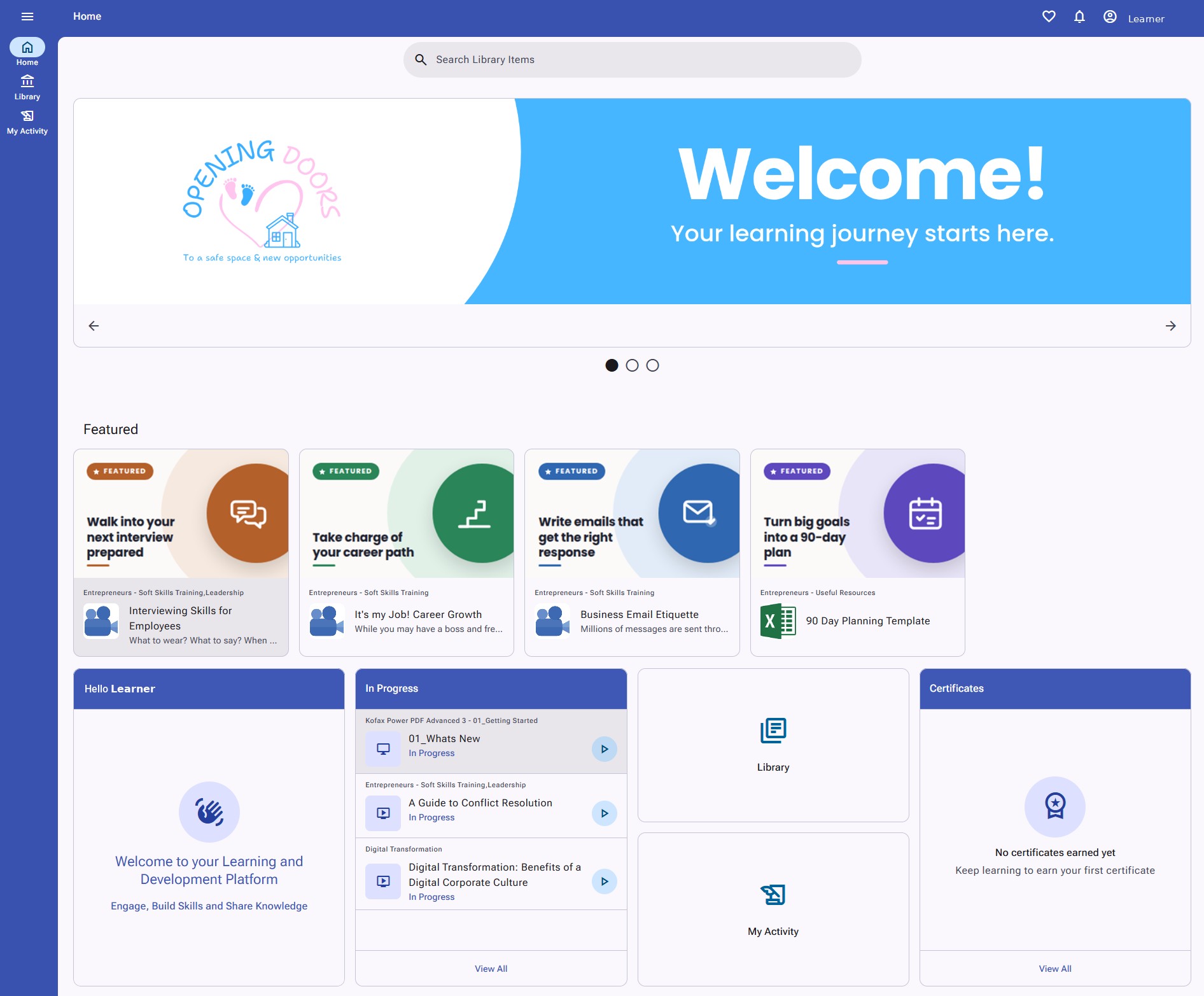 The Opening Doors learning platform home page, with a welcome banner, featured courses and progress tracking