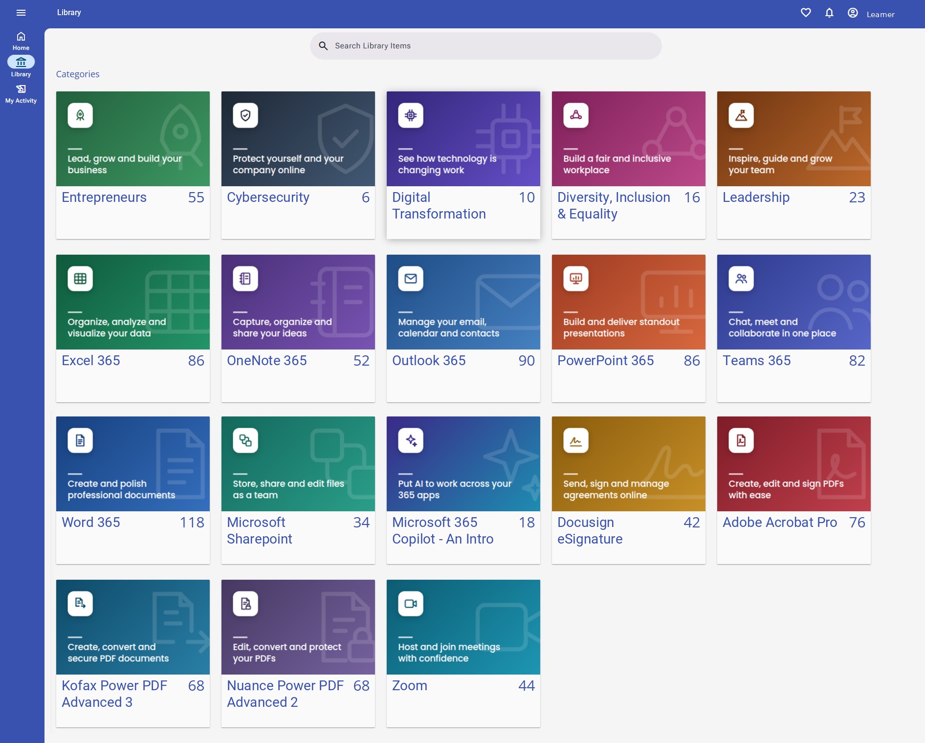 The Opening Doors learning platform library, showing categories such as Entrepreneurs, Excel 365, Word 365 and Cybersecurity