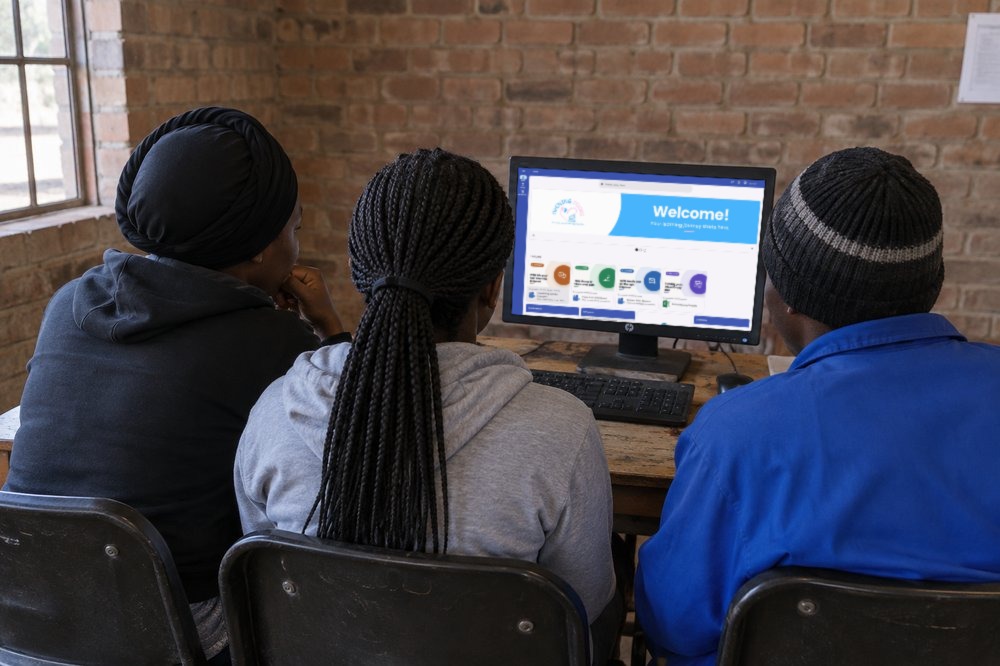 Three young people completing a free online course together on the Opening Doors learning platform